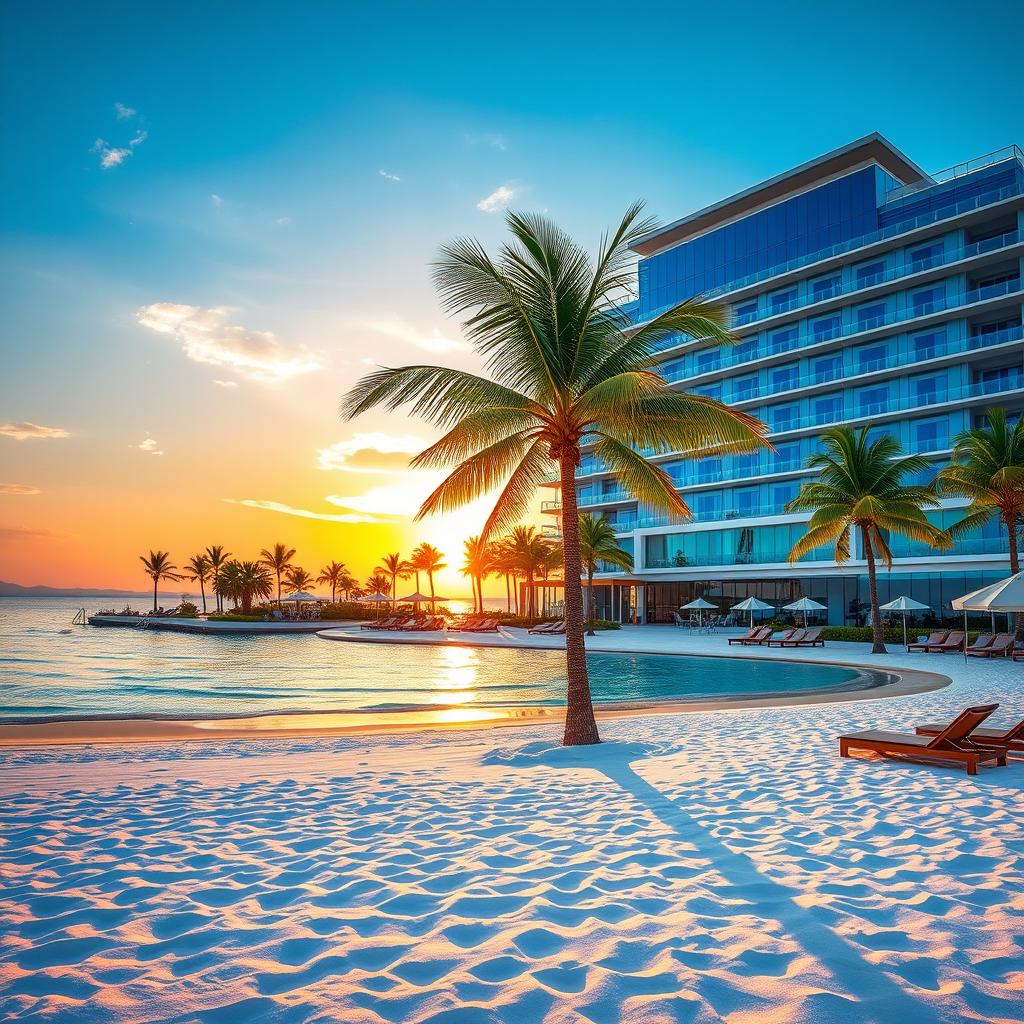 A stunning glass luxury hotel resort situated right in front of a beautiful beach