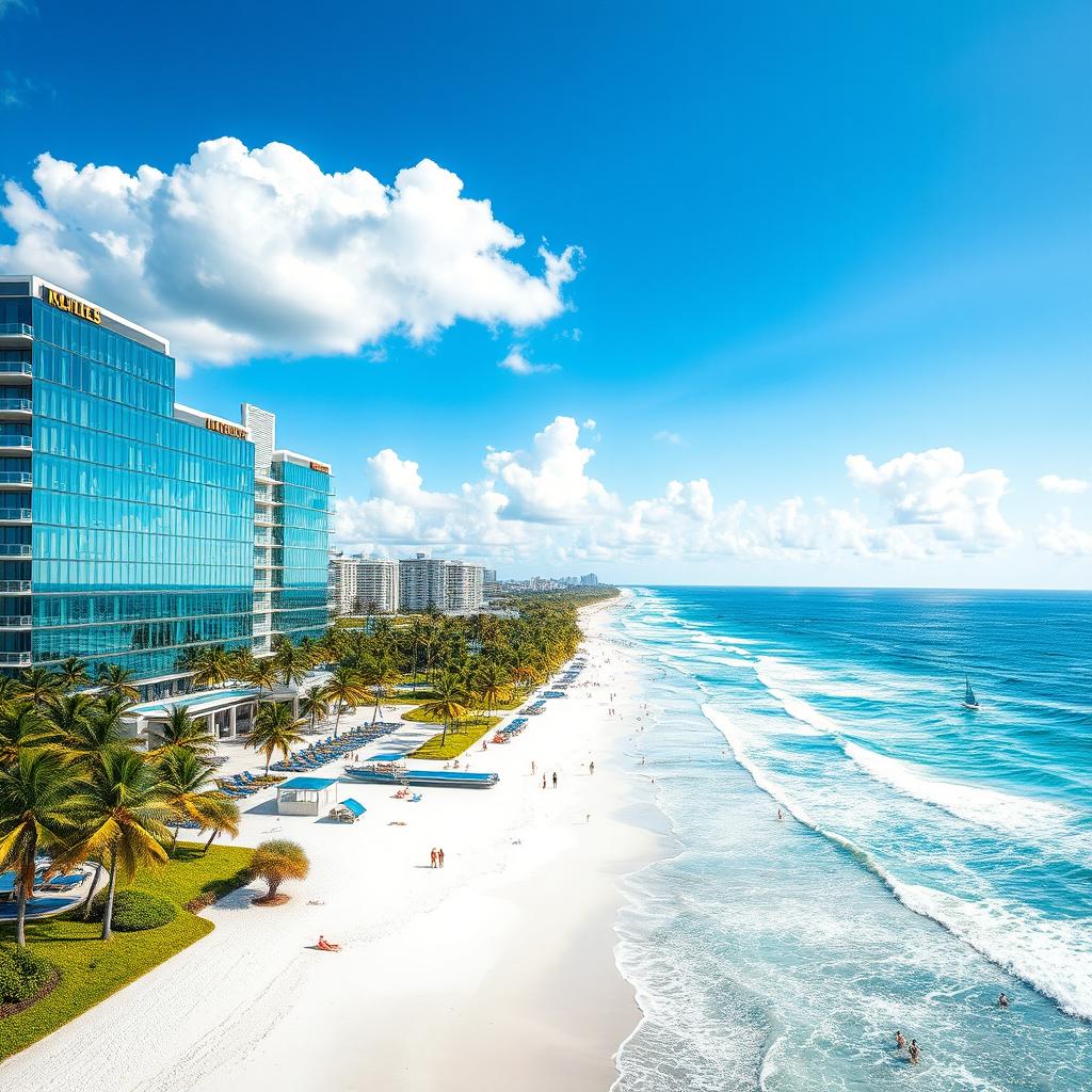 A stunning glass hotel resort located right in front of a picturesque beach with a breathtaking view of the ocean
