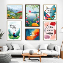 An imaginative display of wall art posters featuring various themes such as nature, abstract designs, and inspirational quotes