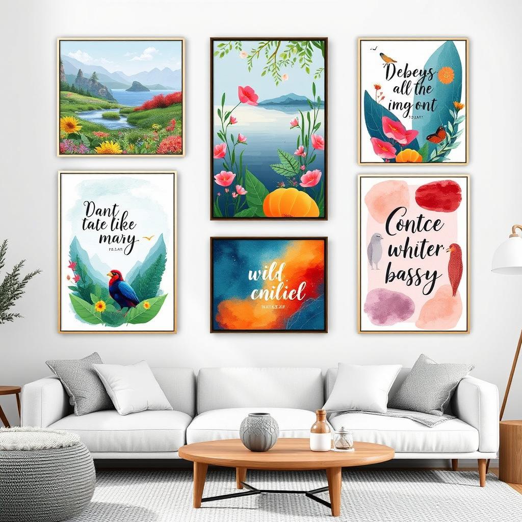 An imaginative display of wall art posters featuring various themes such as nature, abstract designs, and inspirational quotes