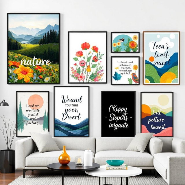 An imaginative display of wall art posters featuring various themes such as nature, abstract designs, and inspirational quotes