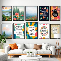 An imaginative display of wall art posters featuring various themes such as nature, abstract designs, and inspirational quotes