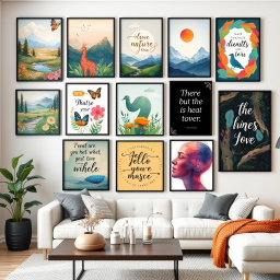 An imaginative display of wall art posters featuring various themes such as nature, abstract designs, and inspirational quotes