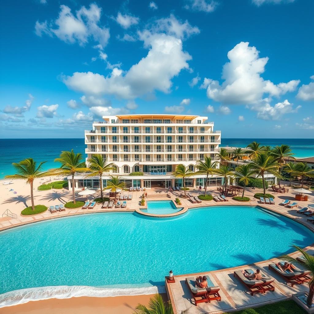 A stunning hotel resort located directly in front of a vibrant beach, featuring a beautiful infinity pool that overlooks the ocean