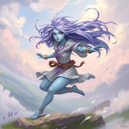A young active air genasi character in the DnD art style, featuring her striking light blue skin and flowing lavender hair