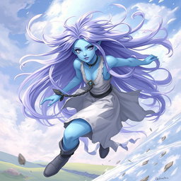A young active air genasi character in the DnD art style, featuring her striking light blue skin and flowing lavender hair