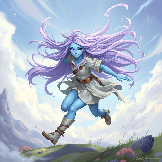 A young active air genasi character in the DnD art style, featuring her striking light blue skin and flowing lavender hair