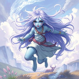 A young active air genasi character in the DnD art style, featuring her striking light blue skin and flowing lavender hair