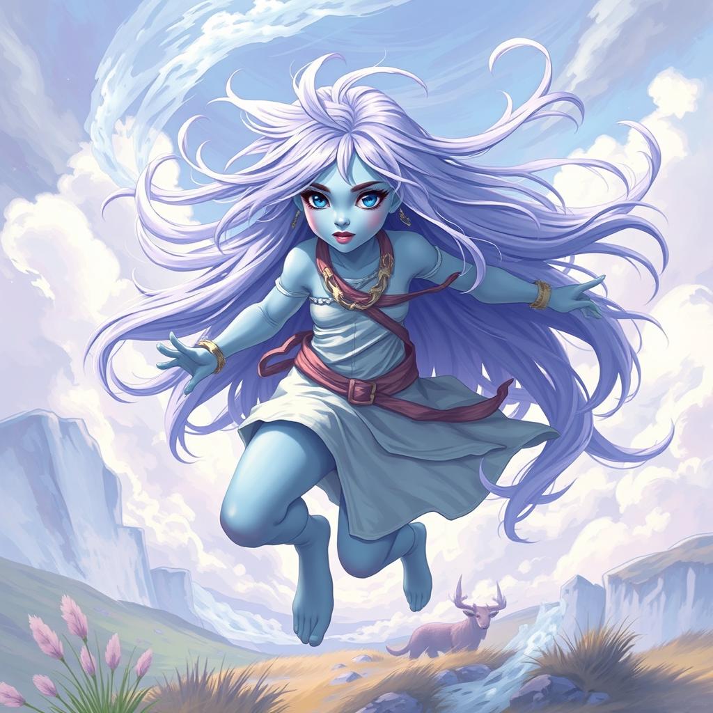 A young active air genasi character in the DnD art style, featuring her striking light blue skin and flowing lavender hair