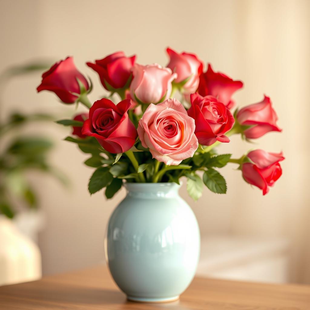 A beautiful arrangement of several rose stems in a light blue ceramic vase, showcasing fully bloomed roses in various shades of red and pink