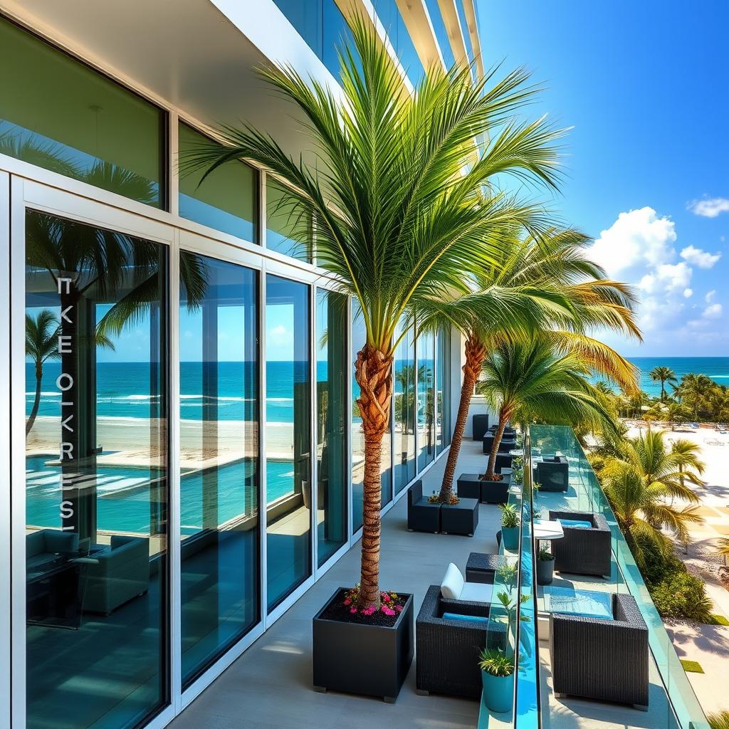 A luxurious hotel resort featuring large glass windows and balconies facing a beautiful beachfront view