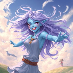 A young adult air genasi character in the DnD art style, exuding energy and happiness