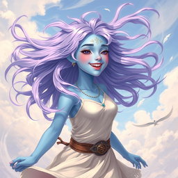 A young adult air genasi character in the DnD art style, exuding energy and happiness