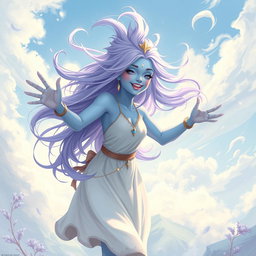 A young adult air genasi character in the DnD art style, exuding energy and happiness