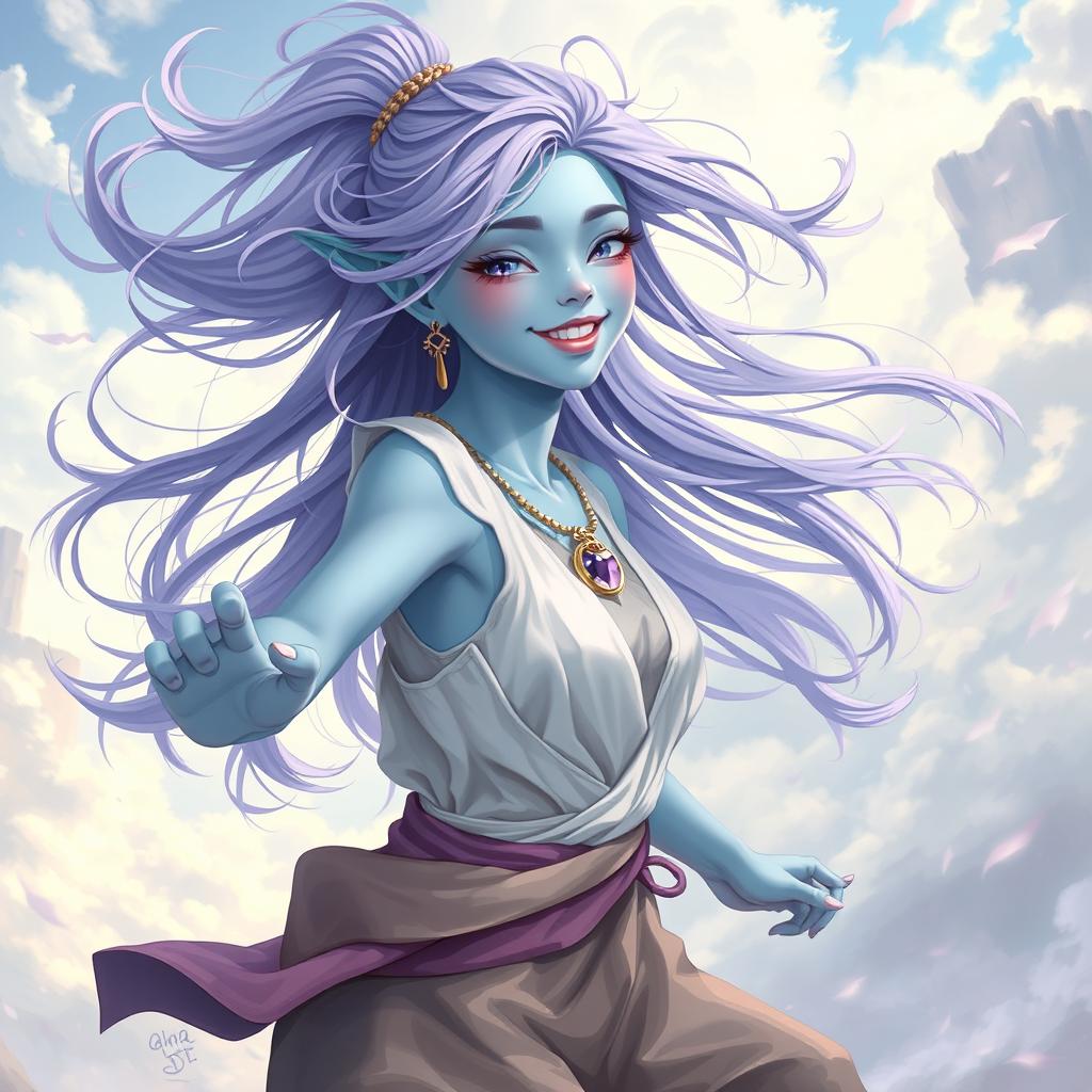 A young adult air genasi character in the DnD art style, exuding energy and happiness