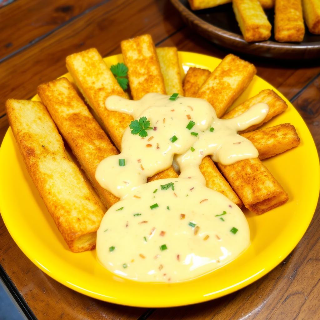A delicious plate of cassava sticks, golden-brown and crispy, served with a vibrant and flavorful cheese pepper sauce drizzled over them