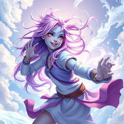 A young adult air genasi character in the DnD art style, brimming with energy and vitality