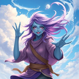 A young adult air genasi character in the DnD art style, brimming with energy and vitality