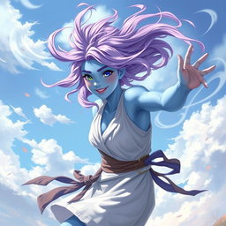 A young adult air genasi character in the DnD art style, brimming with energy and vitality