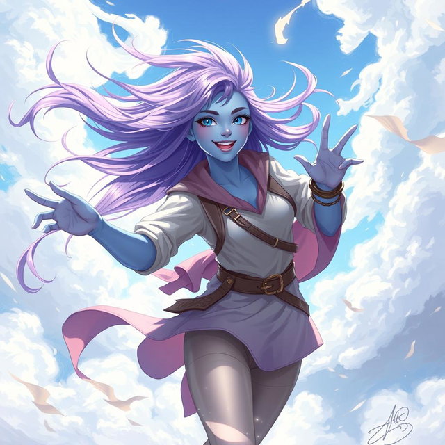 A young adult air genasi character in the DnD art style, brimming with energy and vitality