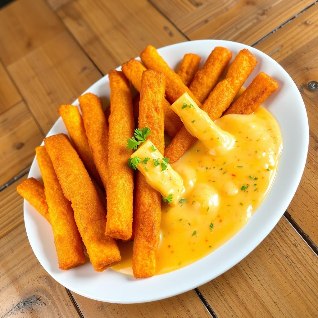 A tempting display of long cassava sticks, perfectly fried to a crispy golden brown, served alongside a vibrant cheese pepper sauce