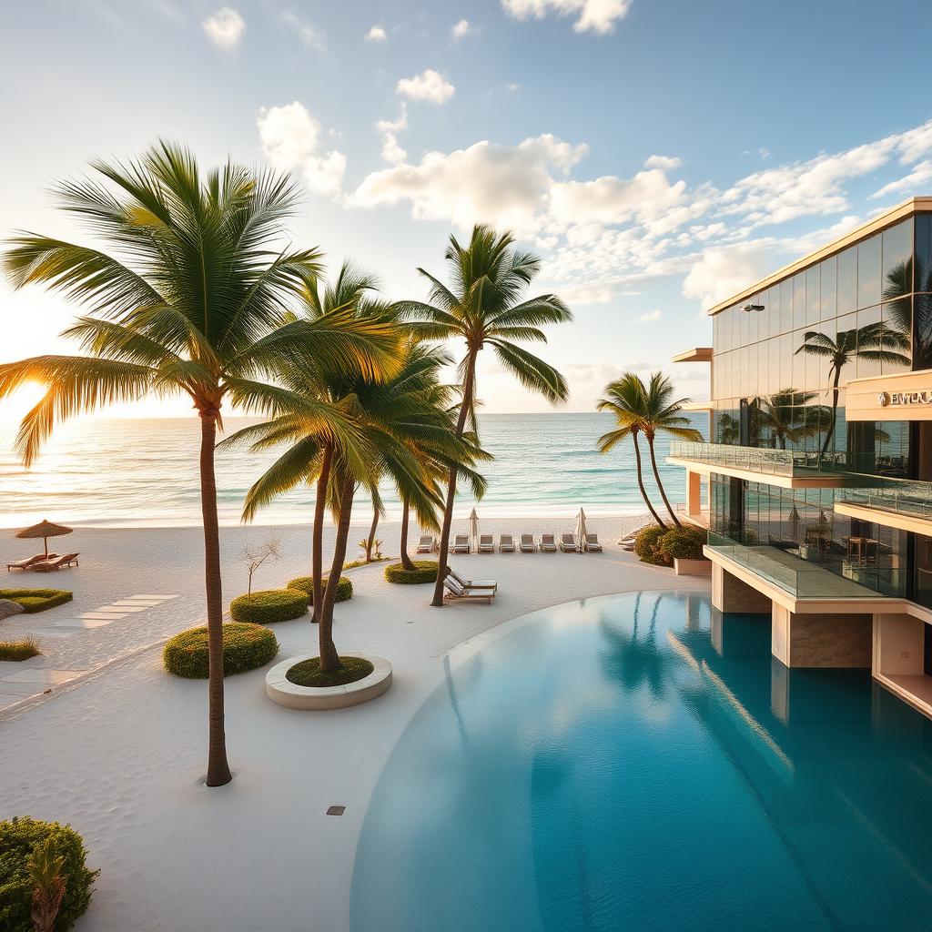 A luxurious hotel resort featuring stunning glass architectural elements, located right in front of a breathtaking beachfront view
