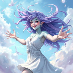 A young adult air genasi character in the DnD art style, bursting with energy and vitality