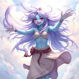 A young adult air genasi character in the DnD art style, bursting with energy and vitality