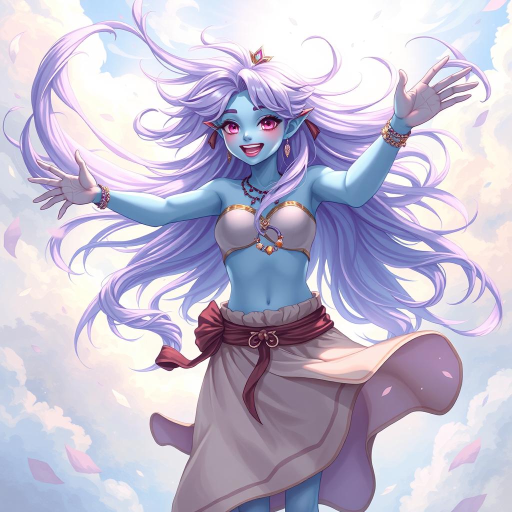 A young adult air genasi character in the DnD art style, bursting with energy and vitality