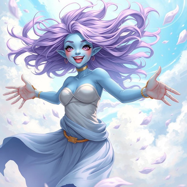 A young adult air genasi character in the DnD art style, bursting with energy and vitality