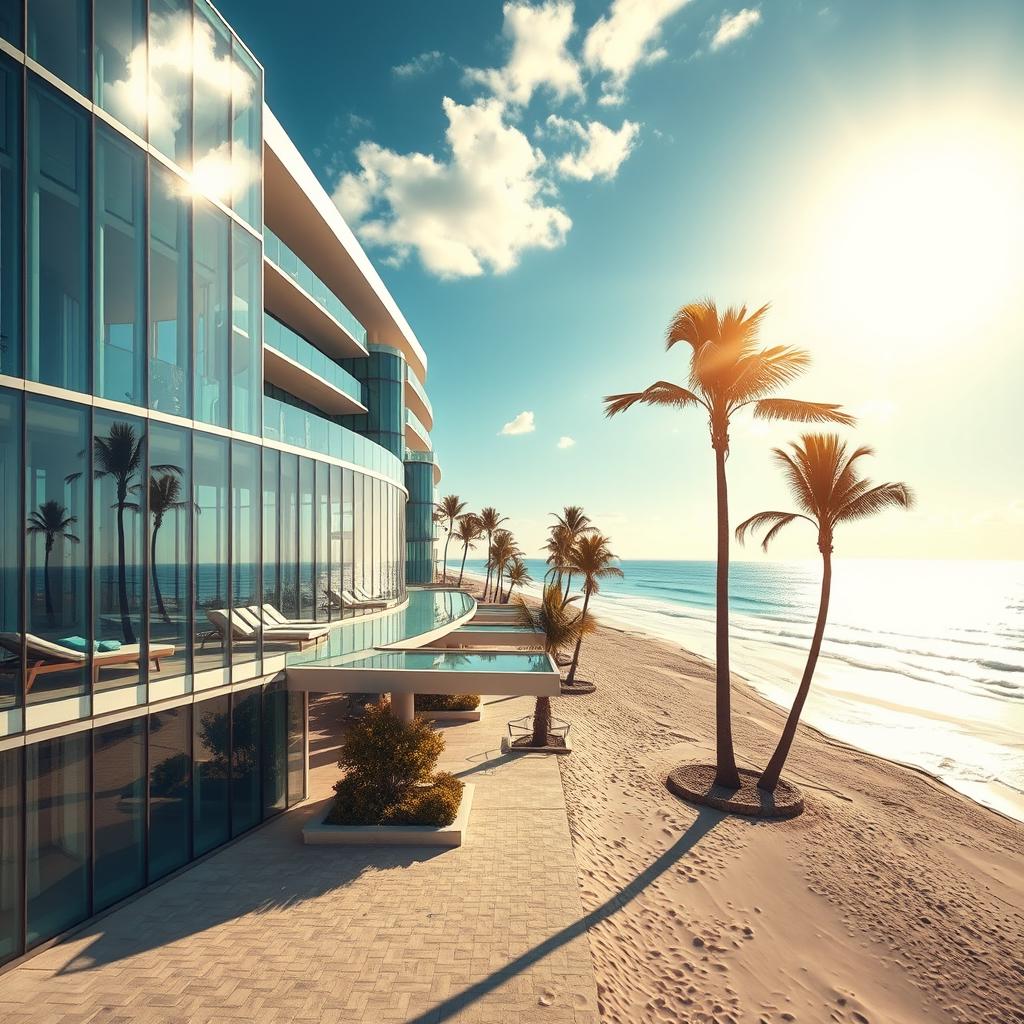 A stunning beach resort showcasing modern glass architectural features, elegantly reflecting the sun