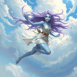 A young adult air genasi character in the DnD art style, characterized by her boundless energy and constant movement