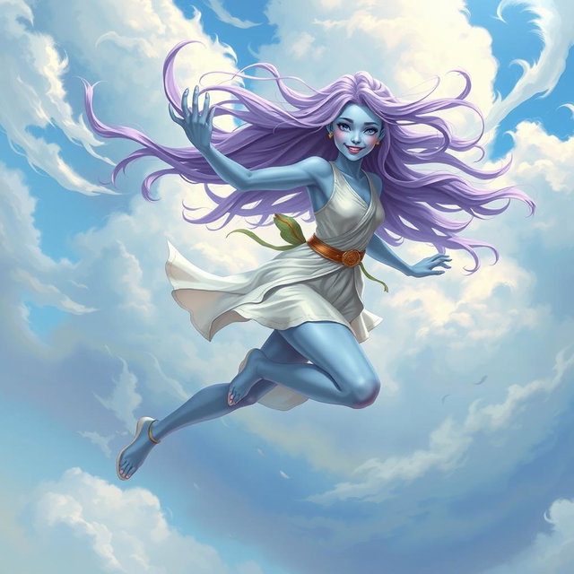 A young adult air genasi character in the DnD art style, characterized by her boundless energy and constant movement