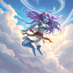 A young adult air genasi character in the DnD art style, characterized by her boundless energy and constant movement