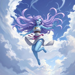 A young adult air genasi character in the DnD art style, characterized by her boundless energy and constant movement