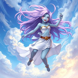 A young adult air genasi character in the DnD art style, characterized by her boundless energy and constant movement