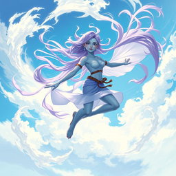 A young adult air genasi character depicted in the DnD art style, embodying energy and motion