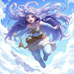 A young adult air genasi character depicted in the DnD art style, embodying energy and motion