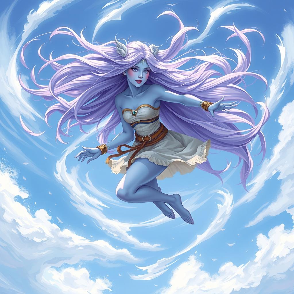 A young adult air genasi character depicted in the DnD art style, embodying energy and motion