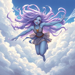 A young adult air genasi in the DnD art style, radiating energy and always in motion