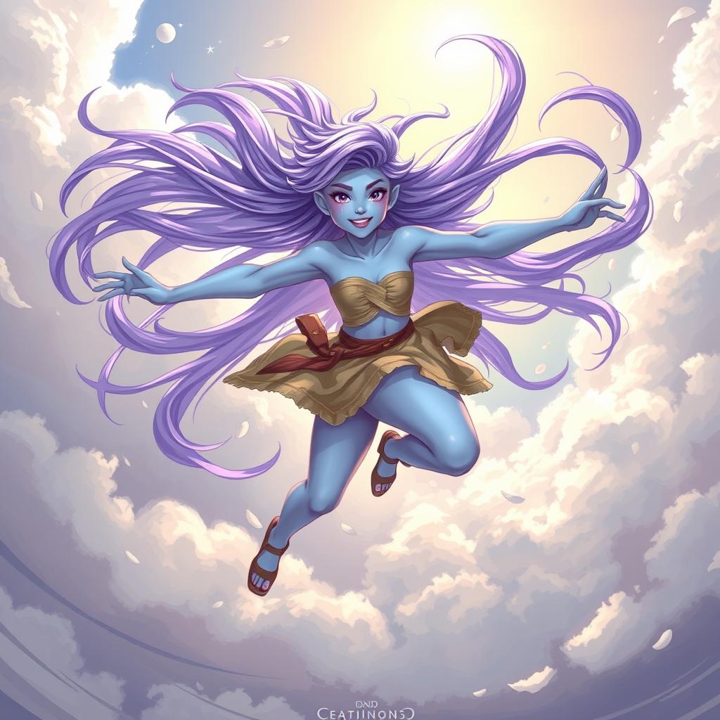 A young adult air genasi in the DnD art style, radiating energy and always in motion