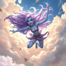 A young adult air genasi in the DnD art style, radiating energy and always in motion