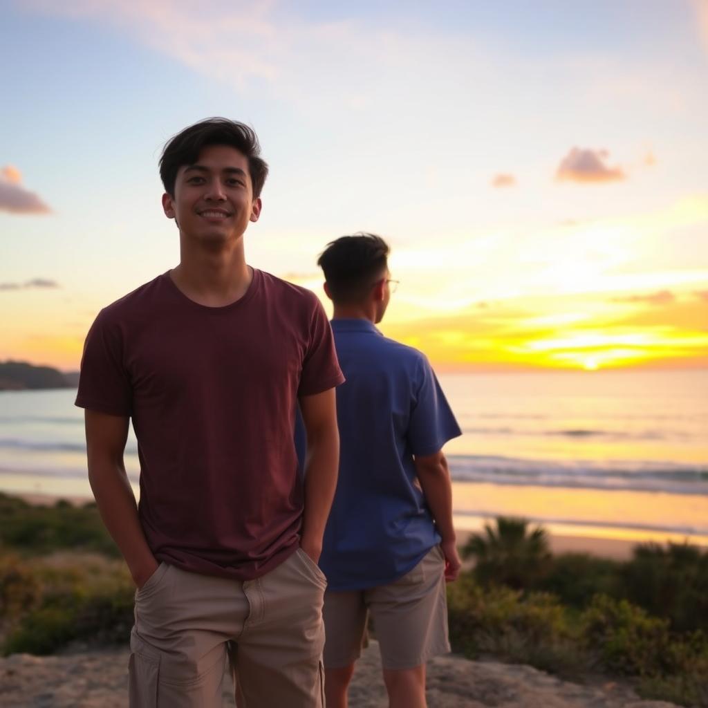 A scenic outdoor landscape featuring a serene coast at sunset with vibrant orange and purple sky