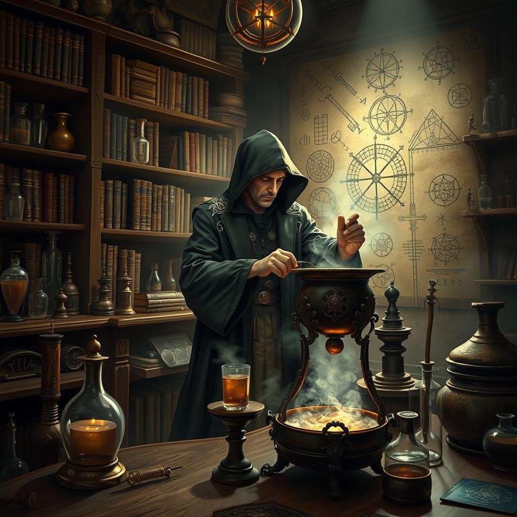 An alchemical laboratory filled with antique instruments and tools, showcasing a mysterious alchemist deeply focused on a complex experiment