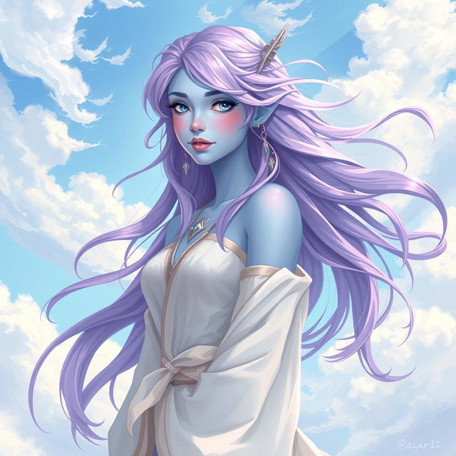 A young adult air genasi character illustrated in the DnD art style