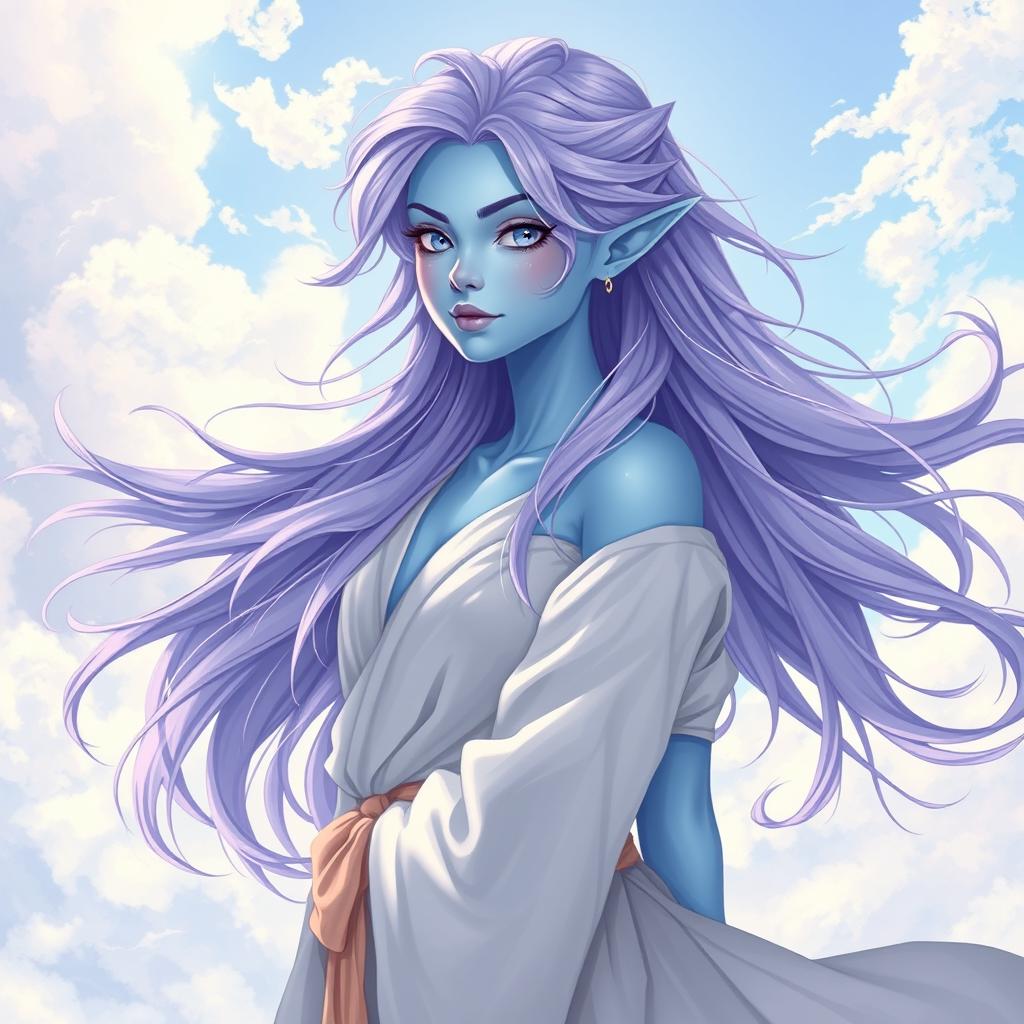 A young adult air genasi character illustrated in the DnD art style