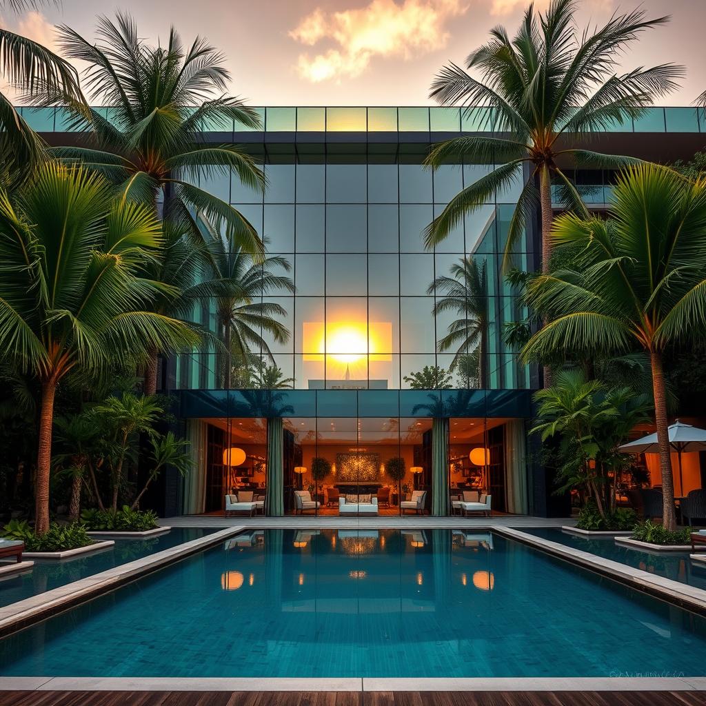 A stunning front view of a luxurious resort featuring sleek glass architecture
