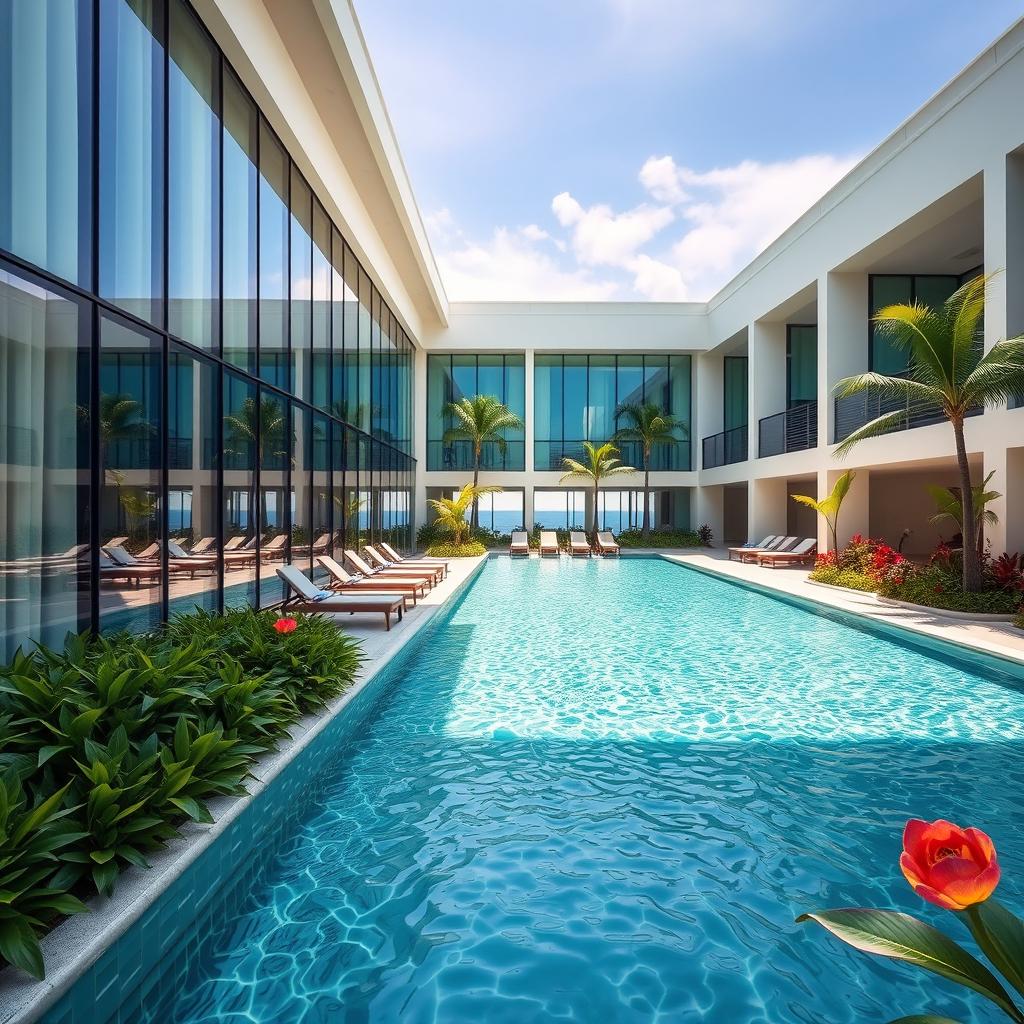 A luxurious hotel featuring expansive glass windows, providing stunning views of a sparkling pool area