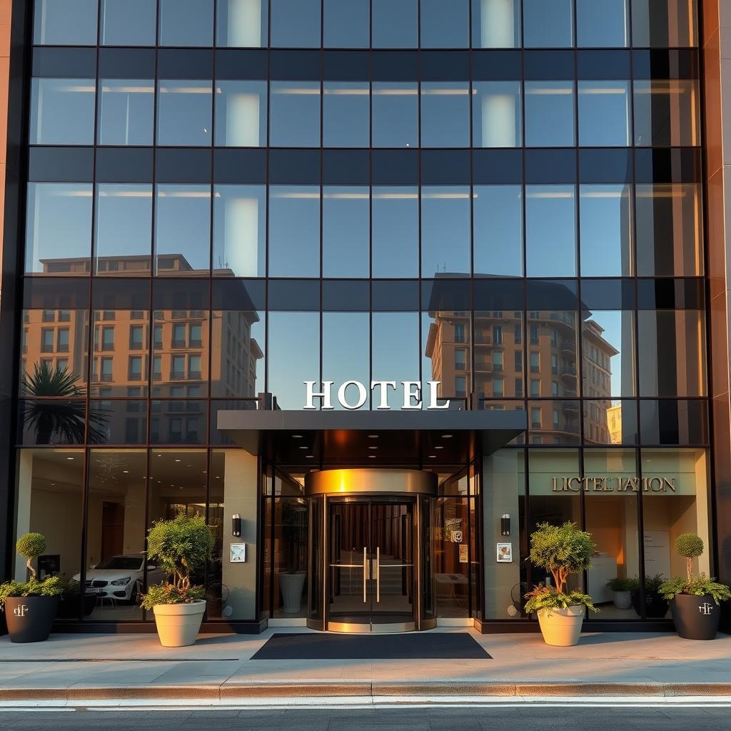 A modern hotel facade featuring large glass windows that reflect the surrounding urban environment