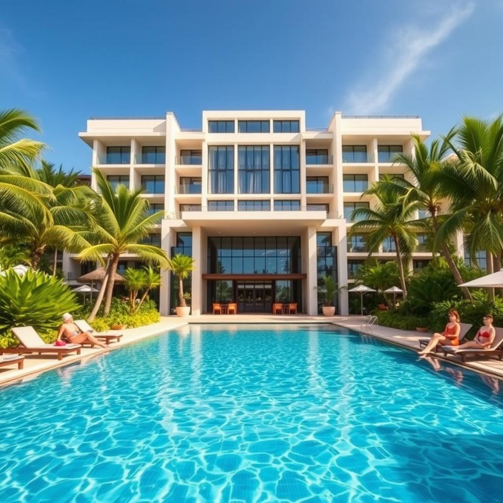 A stunning modern hotel featuring a beautiful pool in the foreground